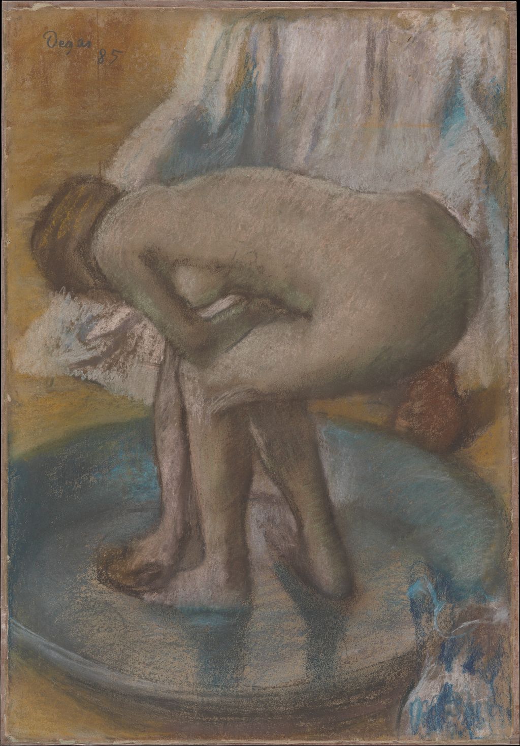 Woman bending inside a shallow tub in Degas’s charcoal and pastel of 1885